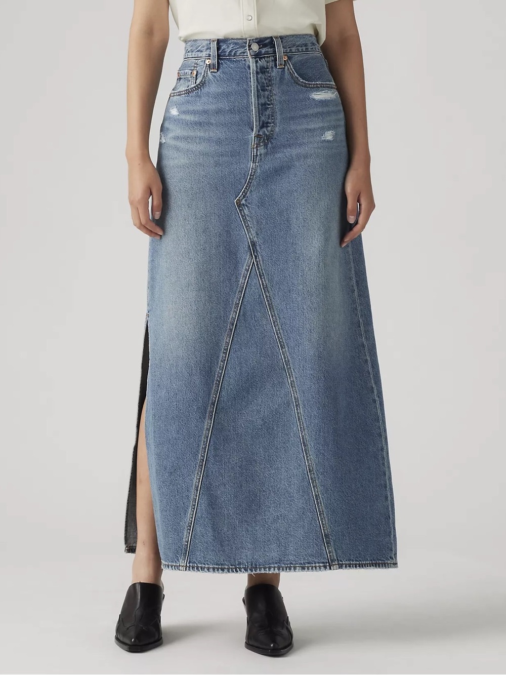 Levi's Premium Distressed Blue Denim Mid Rise Long Icon A-Line Maxi Skirt